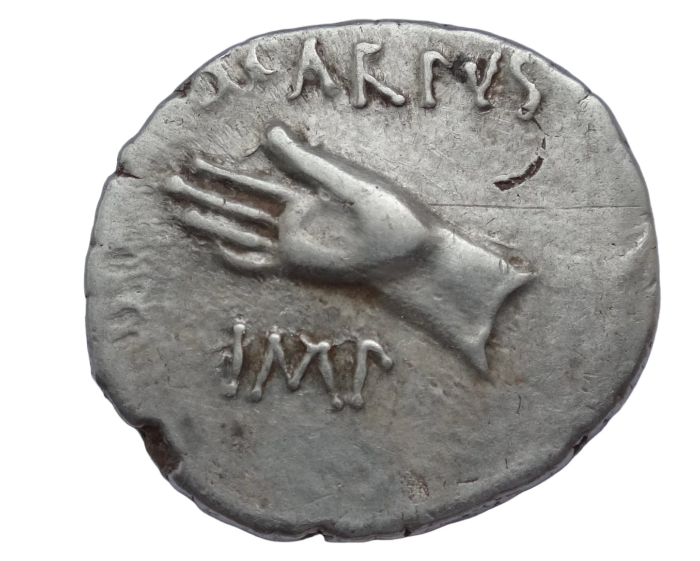 NGC 4/5- 2/5 VF Octavian AR Denarius. Cyrene, autumn 31 BC. L. Pinarius Scarpus, moneyer.