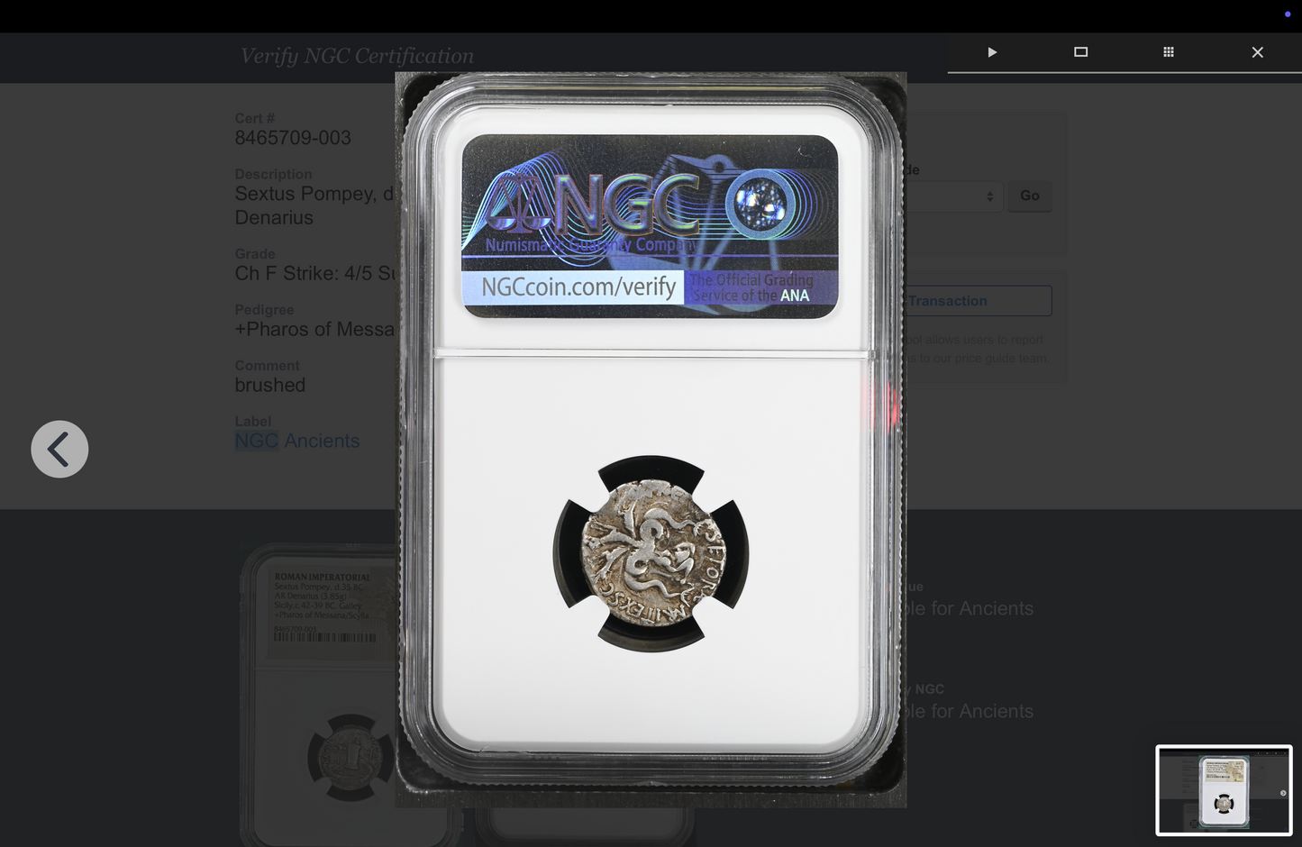 NGC "Ch F" Strike 4/5 Surface 3/5 Sextus Pompey, 43-35 BC. Denarius