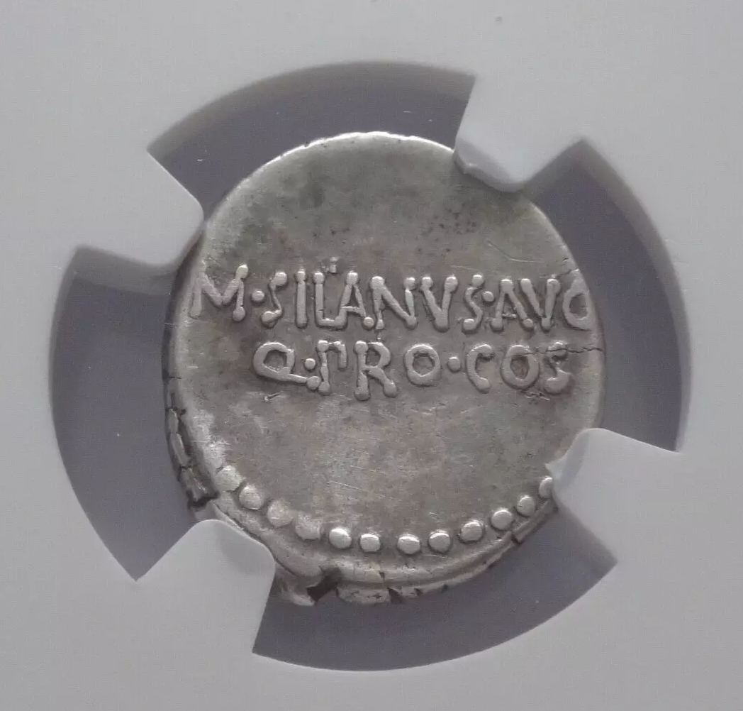 NGC VF 4/5- 3/5 Mark Antony, 44-30 BC. Denarius with M. Junius Silanus