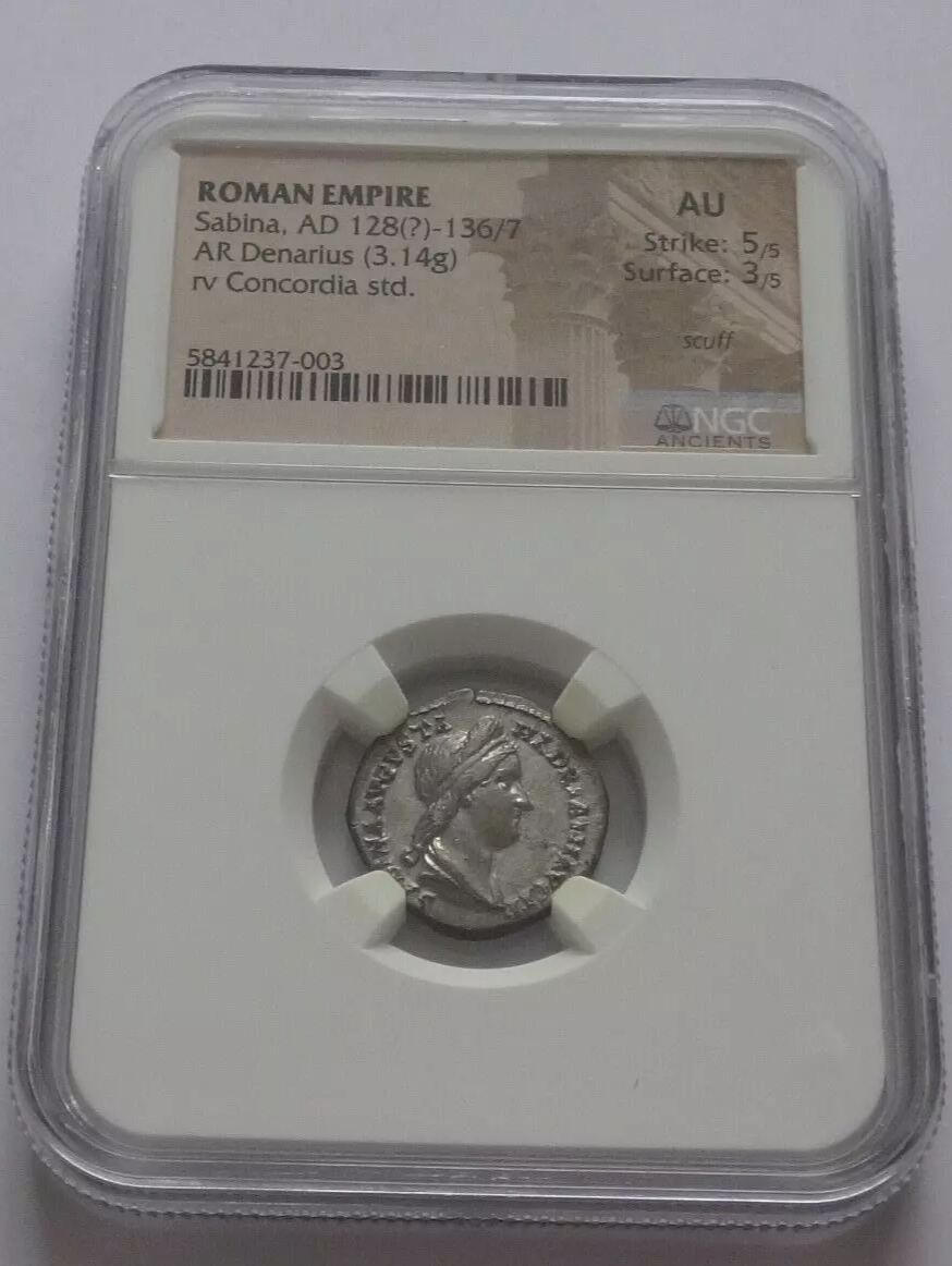 NGC AU 5/5 - 3/5 Sabina, AD 128 (?)-136/7 AR Denarius rv Concordia std.