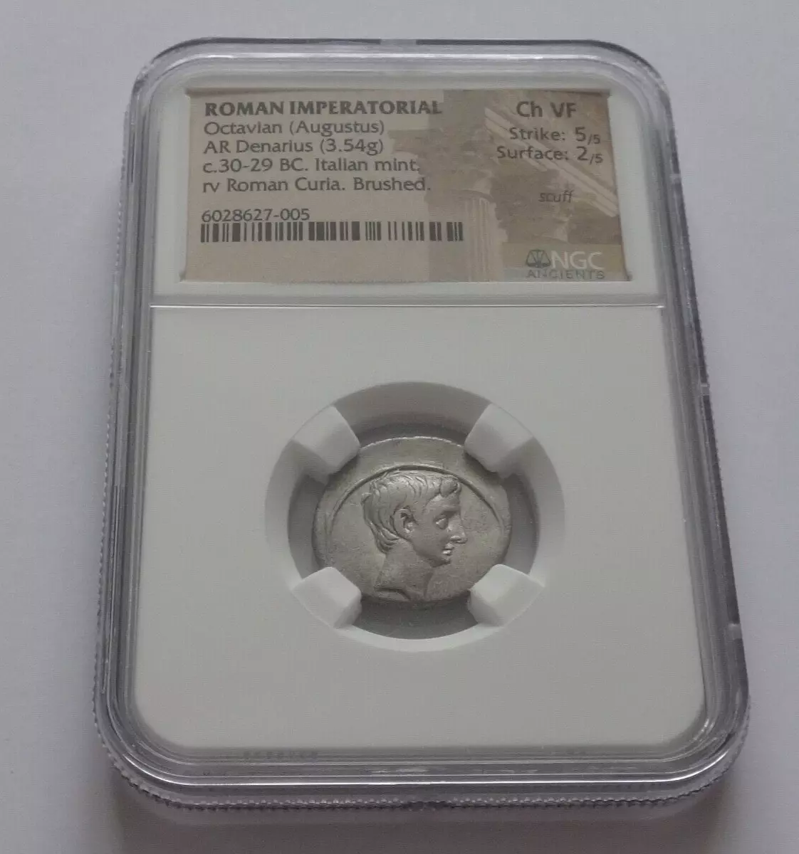 NGC Ch VF 5/5-2/5 Octavian(Augustus), 44-27 BC. Denarius, "Curia Julia". Rare!