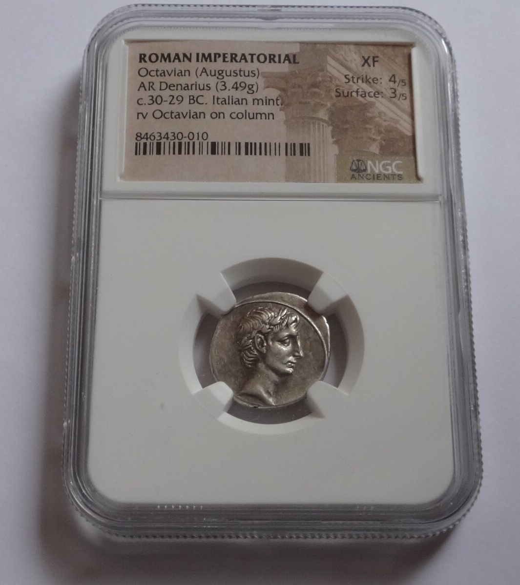 NGC XF 4/5- 3/5 Octavian (Augustus) 30-29 BC, AR Denarius. Octavian on column.