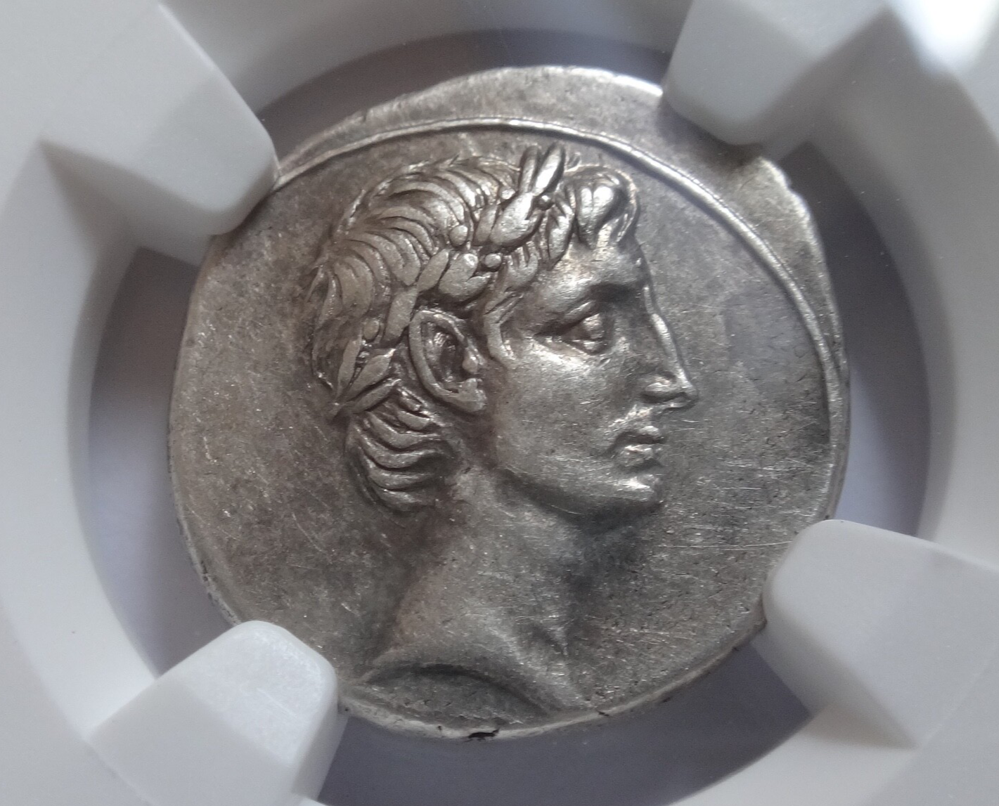 NGC XF 4/5- 3/5 Octavian (Augustus) 30-29 BC, AR Denarius. Octavian on column.