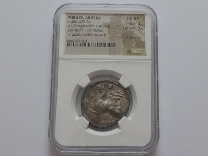 NGC "Ch XF" 4/5- 3/5  Thrace, Abdera. Circa 450-425 BC. AR Tetradrachm. Extremely Rare!