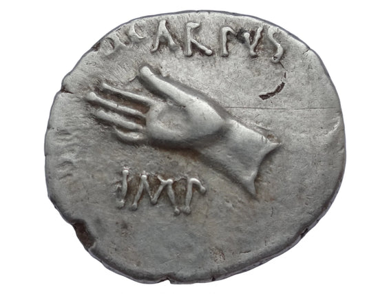 NGC  4/5- 2/5 VF  Octavian AR Denarius. Cyrene, autumn 31 BC. L. Pinarius Scarpus, moneyer.