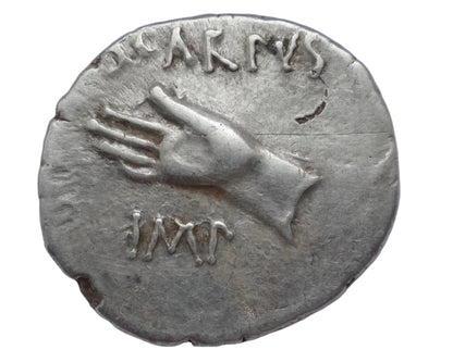 NGC  4/5- 2/5 VF  Octavian AR Denarius. Cyrene, autumn 31 BC. L. Pinarius Scarpus, moneyer.