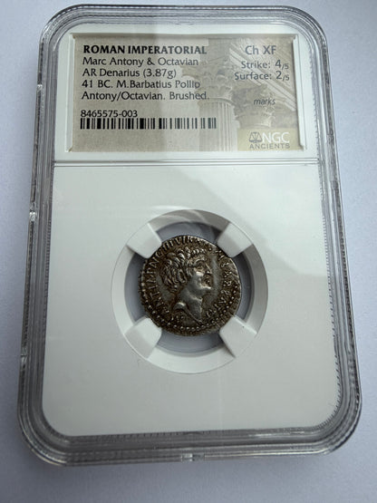 NGC Ch XF Strike: 4/5 Surface: 2/5 Mark Antony and Octavian with M.Barbatius Pollio  41 BC