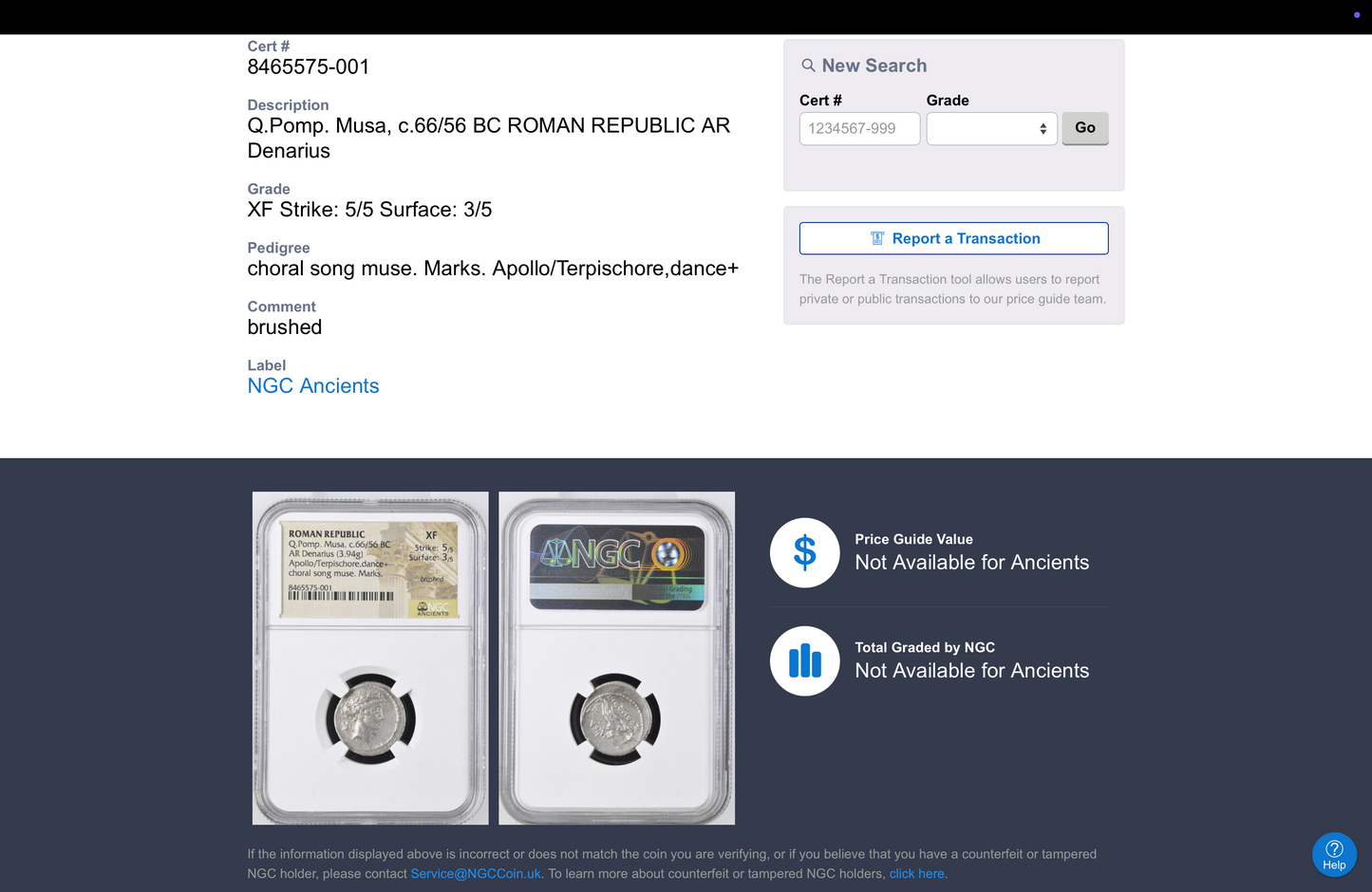 NGC "XF" 5/5- 3/5 Q.Pomp. Musa, c.66/56 BC Roman Republic AR Denarius