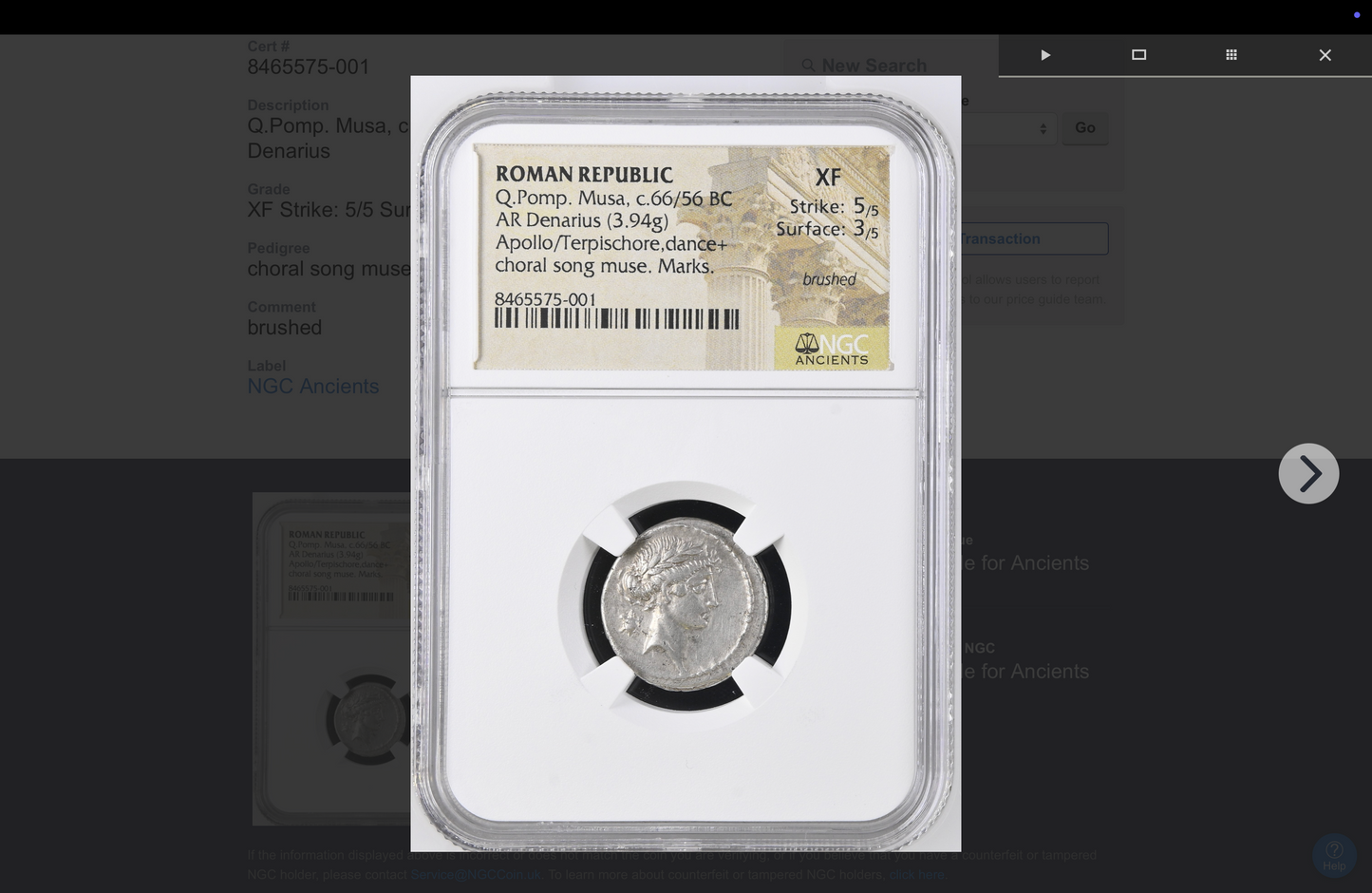 NGC "XF" 5/5- 3/5 Q.Pomp. Musa, c.66/56 BC Roman Republic AR Denarius