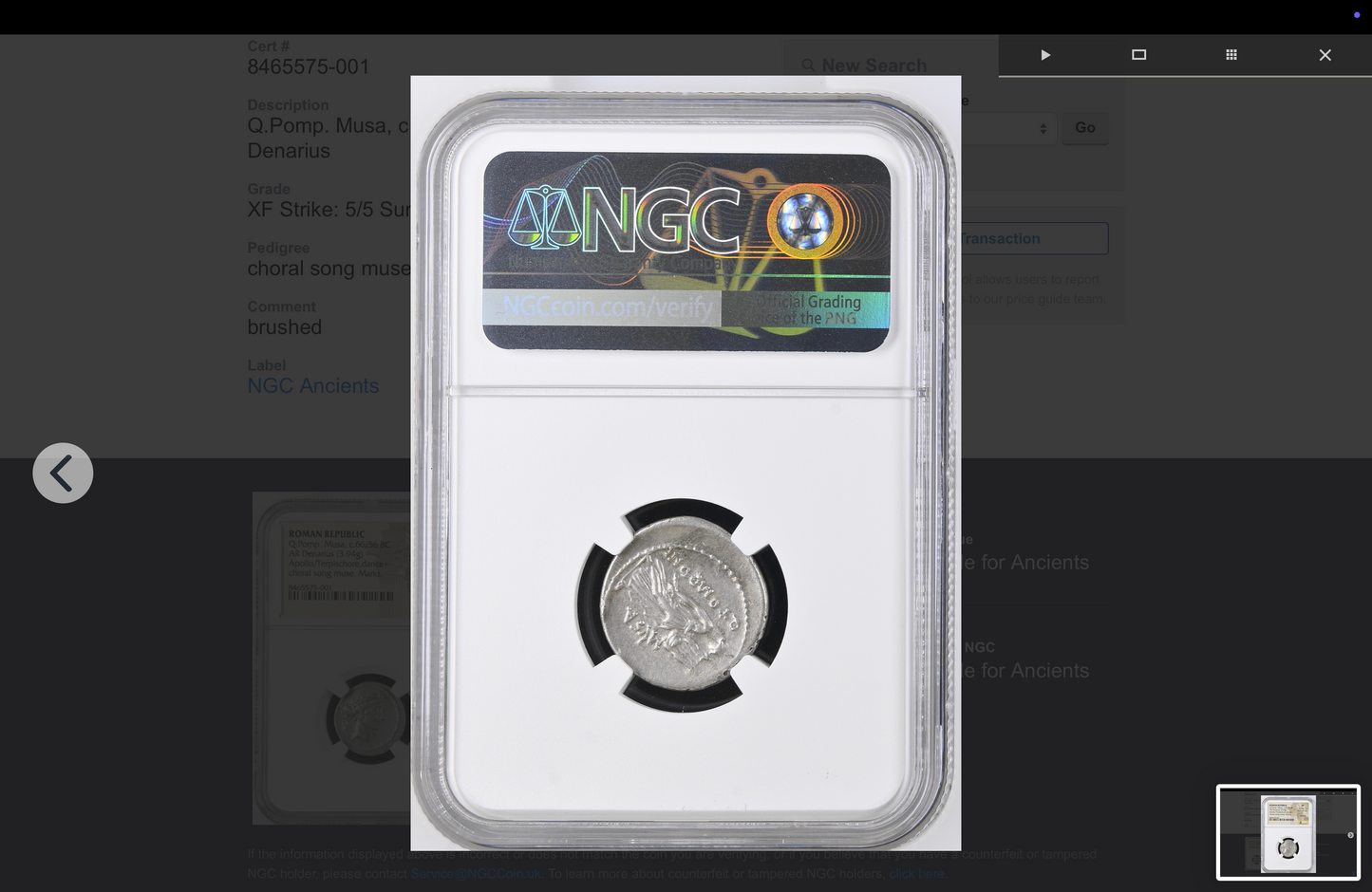 NGC "XF" 5/5- 3/5 Q.Pomp. Musa, c.66/56 BC Roman Republic AR Denarius