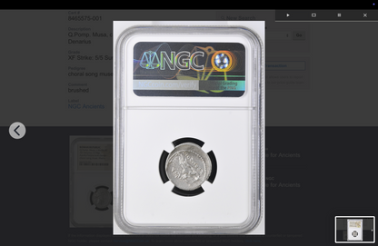 NGC "XF" 5/5- 3/5 Q.Pomp. Musa, c.66/56 BC Roman Republic AR Denarius