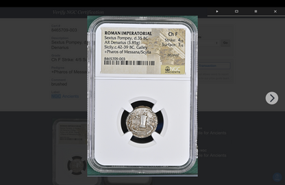 Sextus Pompey AR Denarius, Sicily, 37–36 BC — NGC Ch F