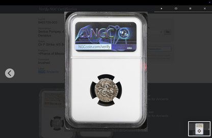 Sextus Pompey AR Denarius, Sicily, 37–36 BC — NGC Ch F