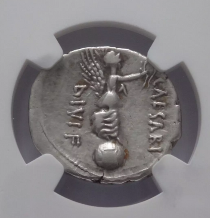 NGC  4/5- 2/5 VF  Octavian AR Denarius. Cyrene, autumn 31 BC. L. Pinarius Scarpus, moneyer.