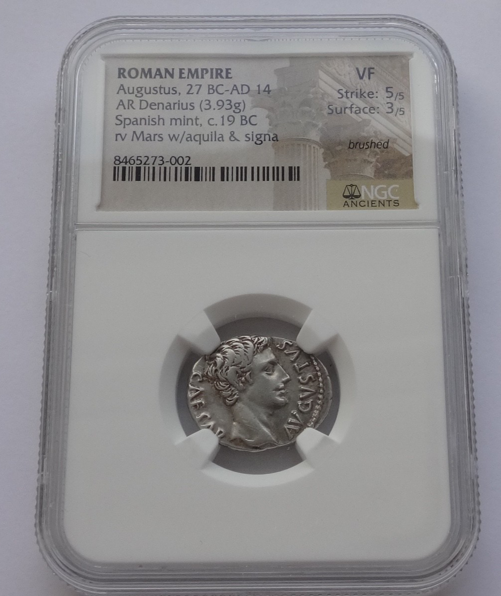 NGC "VF" 5/5-3/5 Roman Empire. Extremely Rare Augustus (27 BC-14 AD). AR Denarius. Rome