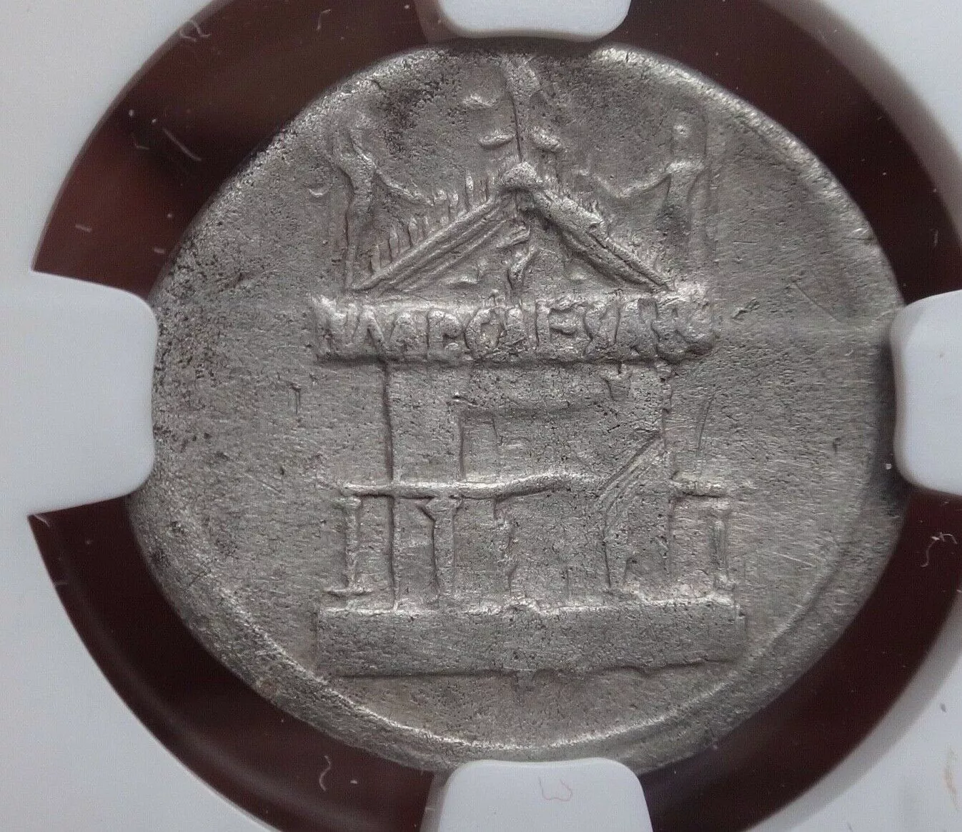 NGC Ch VF 5/5-2/5 Octavian(Augustus), 44-27 BC. Denarius, "Curia Julia". Rare!