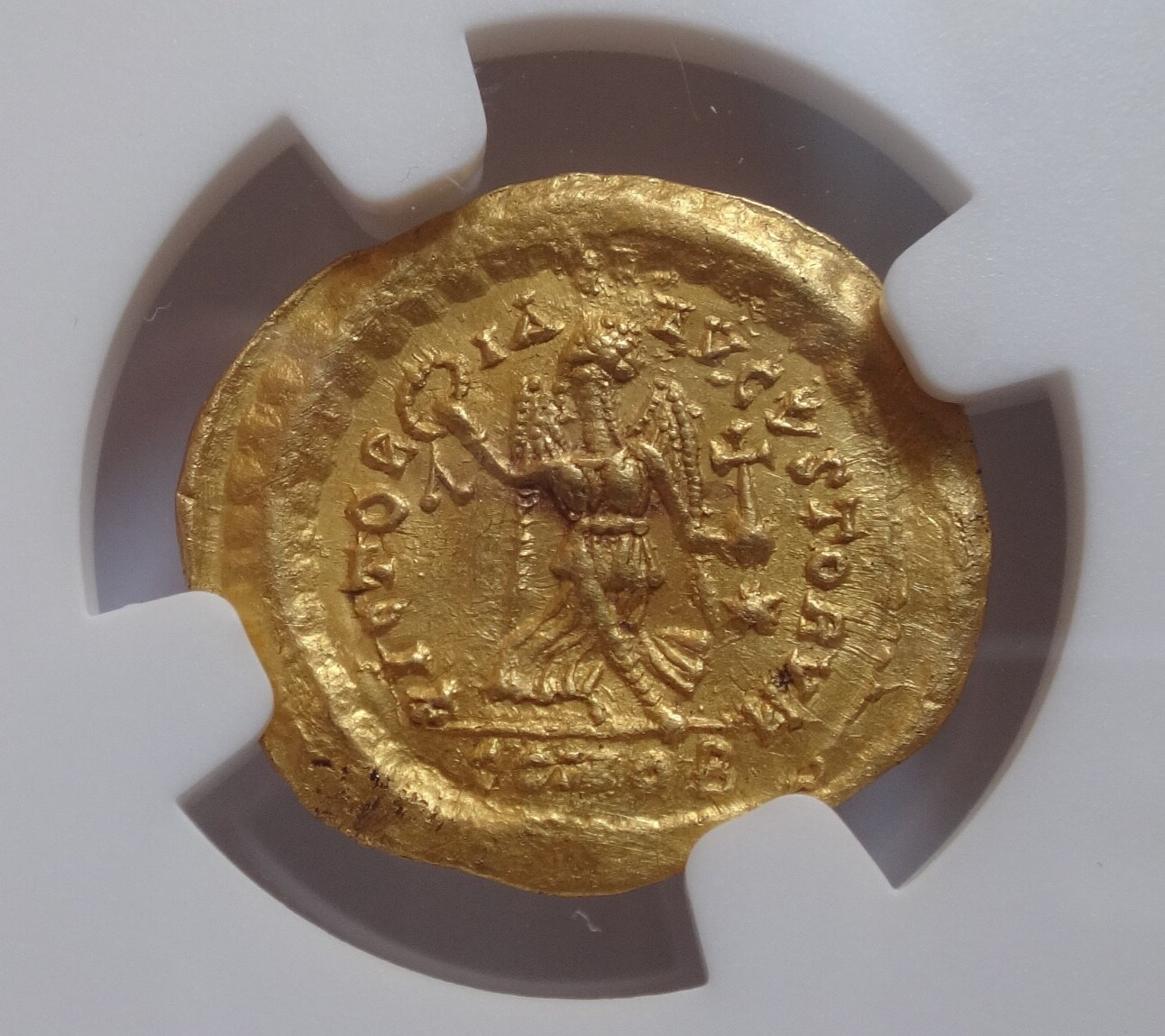 High quality NGC AU 4/5- 3/5 Theodosius II, AD 402-450 AV Tremissis.