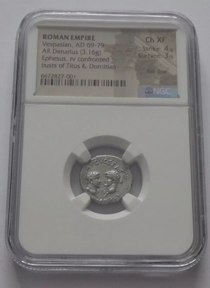 NGC "Ch XF" 4/5 - 3/5 DENARIUS VESPASIAN (69-79)AD Denarius Ephesus. Very Rare!
