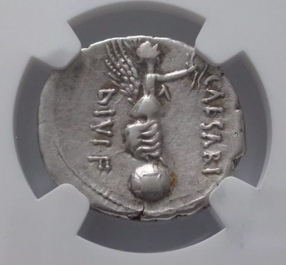 NGC  4/5- 2/5 VF  Octavian AR Denarius. Cyrene, autumn 31 BC. L. Pinarius Scarpus, moneyer.