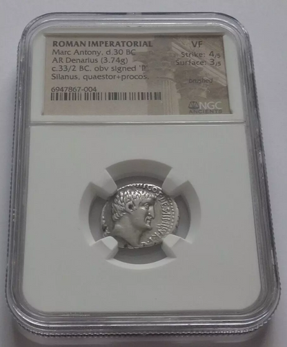 NGC VF 4/5- 3/5 Mark Antony, 44-30 BC. Denarius with M. Junius Silanus