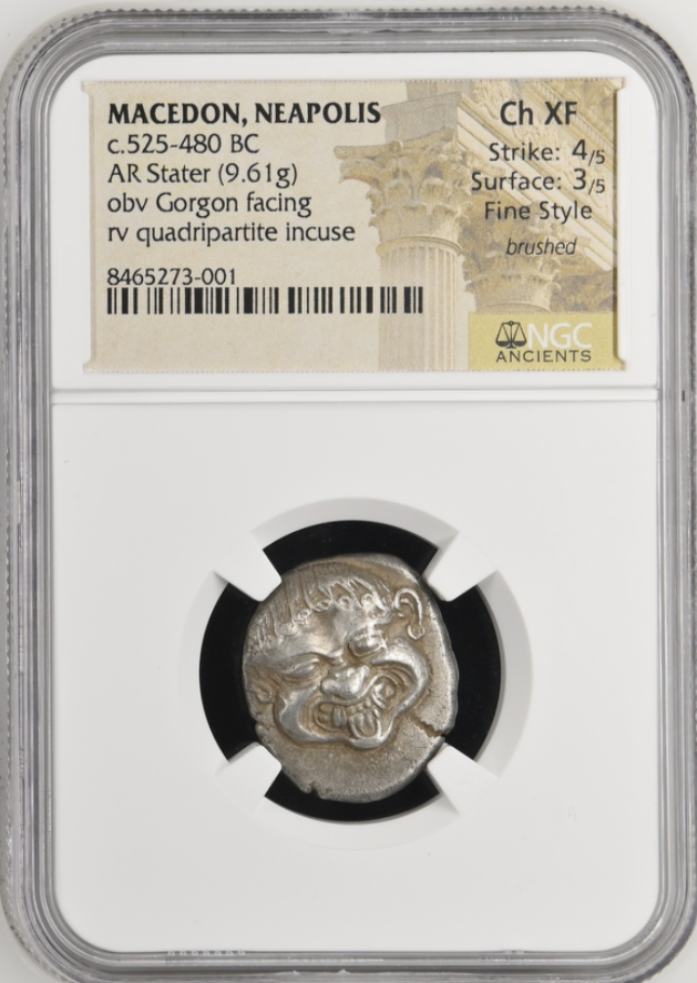 "Fine Style"NGC "Ch XF" 4/5 -3/5 MACEDON, Neapolis. Circa 525-480 BC. AR Stater