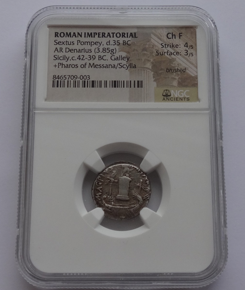 NGC "Ch F" Strike 4/5 Surface 3/5 Sextus Pompey, 43-35 BC. Denarius
