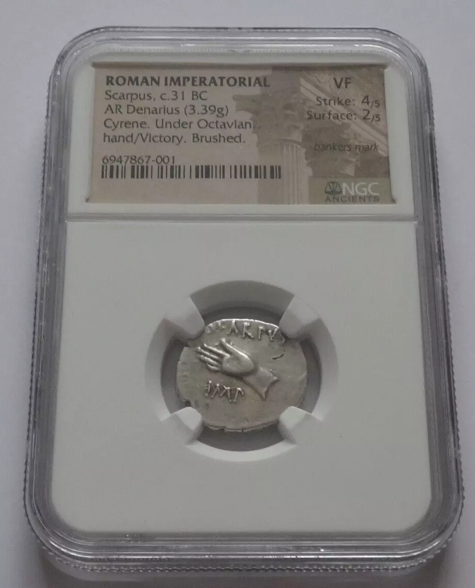 NGC  4/5- 2/5 VF  Octavian AR Denarius. Cyrene, autumn 31 BC. L. Pinarius Scarpus, moneyer.