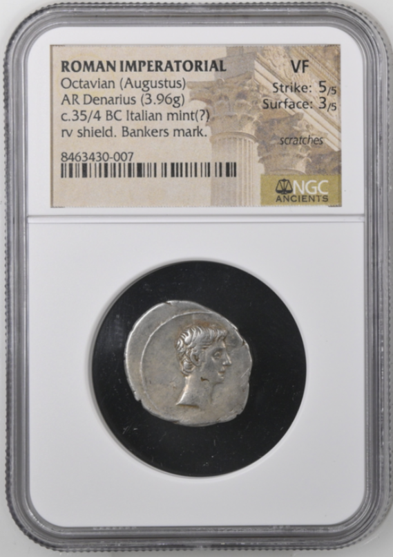 NGC VF 5/5- 3/5 Octavian 35/4 BC (Augustus) Roman Imperatorial AR Denarius