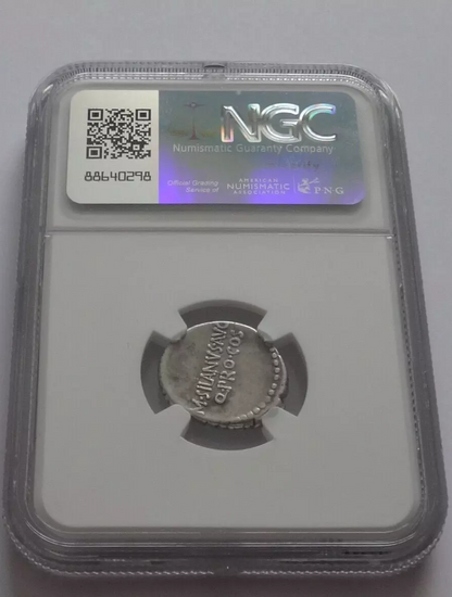 NGC VF 4/5- 3/5 Mark Antony, 44-30 BC. Denarius with M. Junius Silanus