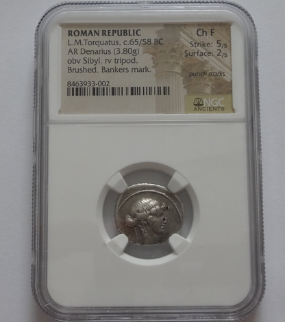 NGC Ch F 5/5-2/5 L.M.Torquatus c.65/58 BC ROMAN REPUBLIC AR Denarius Very Rare!