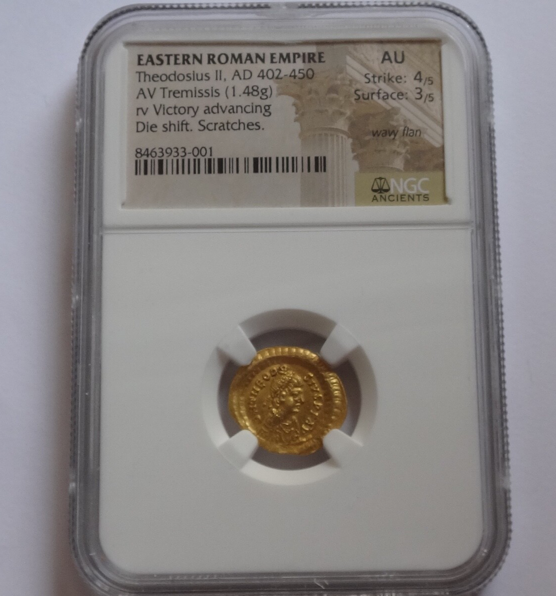 High quality NGC AU 4/5- 3/5 Theodosius II, AD 402-450 AV Tremissis.