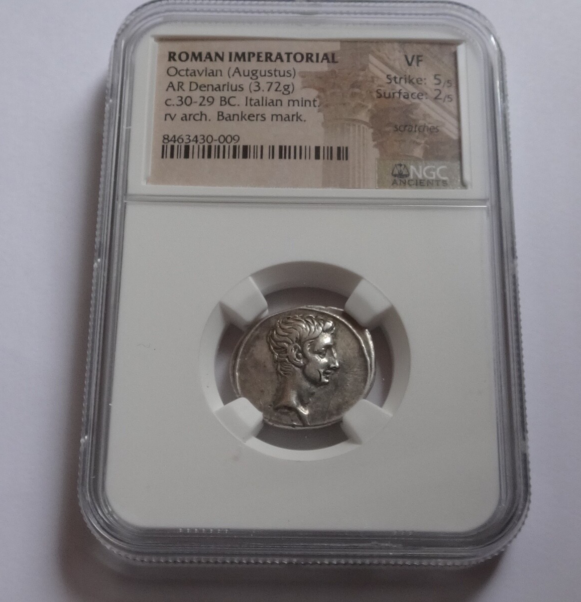 NGC VF 5/5- 2/5 Octavian (Augustus) 30-29 BC, AR Denarius.