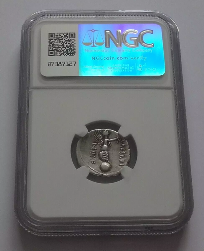 NGC  4/5- 2/5 VF  Octavian AR Denarius. Cyrene, autumn 31 BC. L. Pinarius Scarpus, moneyer.