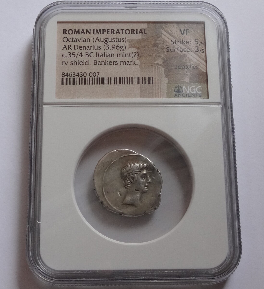 NGC VF 5/5- 3/5 Octavian 35/4 BC (Augustus) Roman Imperatorial AR Denarius