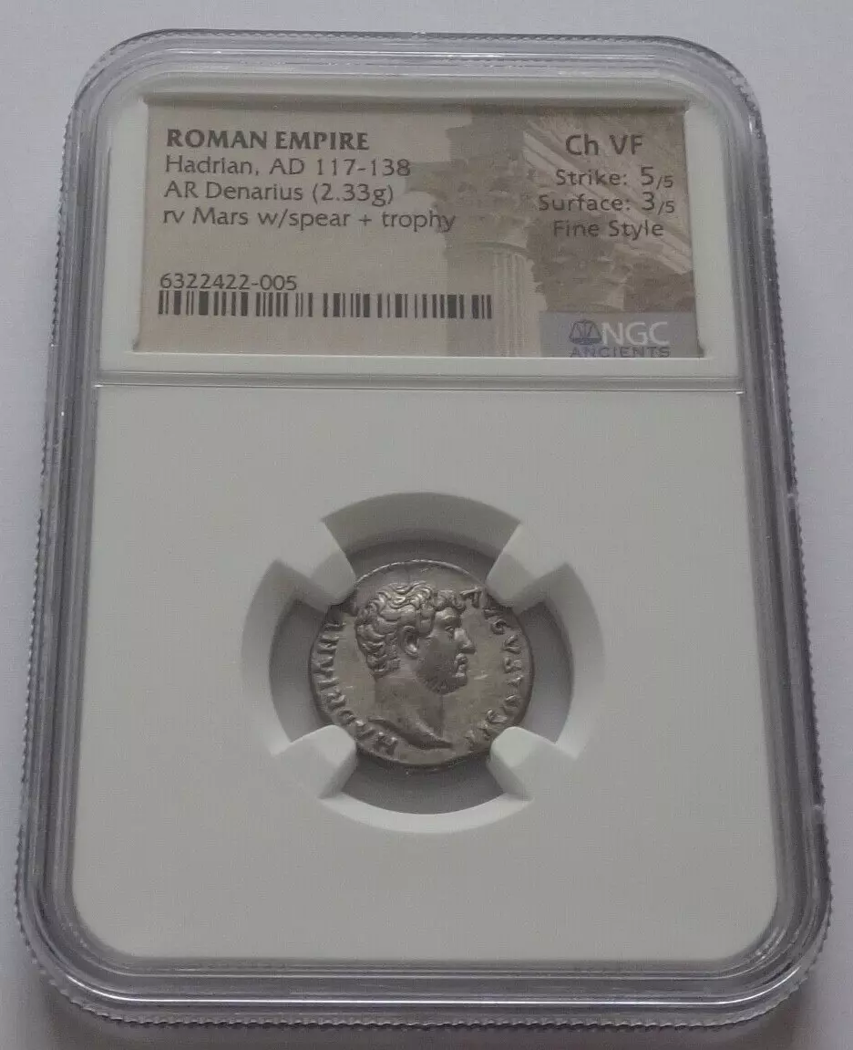 NGC Ch VF 5/5 - 3/5 Fine Style Hadrian, AD 117-138 AR Denarius, Very Rare!