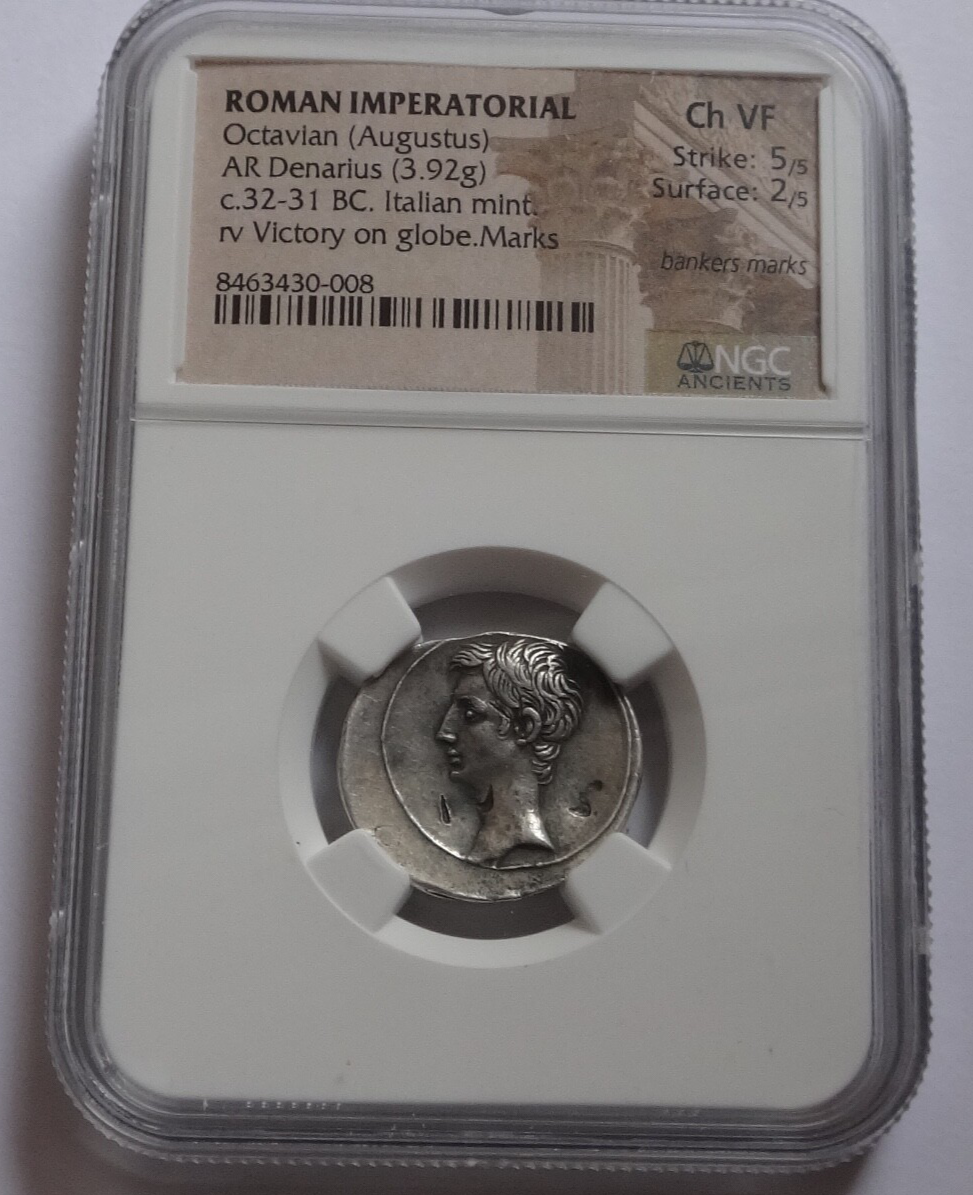 NGC Ch VF 5/5- 2/5 Octavian (Augustus) 32-31 BC. Roman Imperatorial AR Denarius