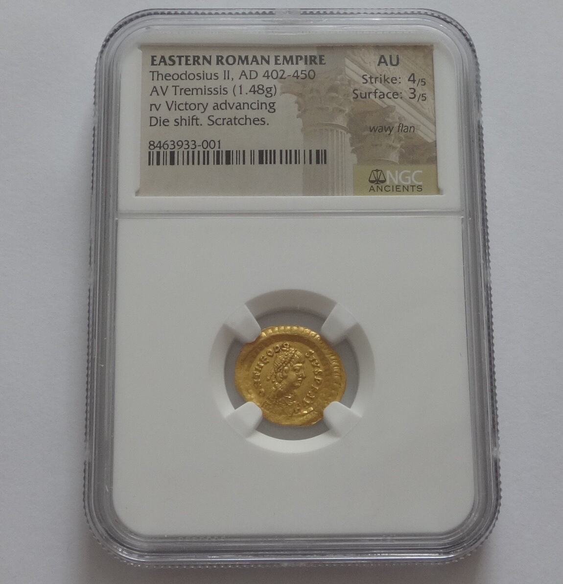 High quality NGC AU 4/5- 3/5 Theodosius II, AD 402-450 AV Tremissis.