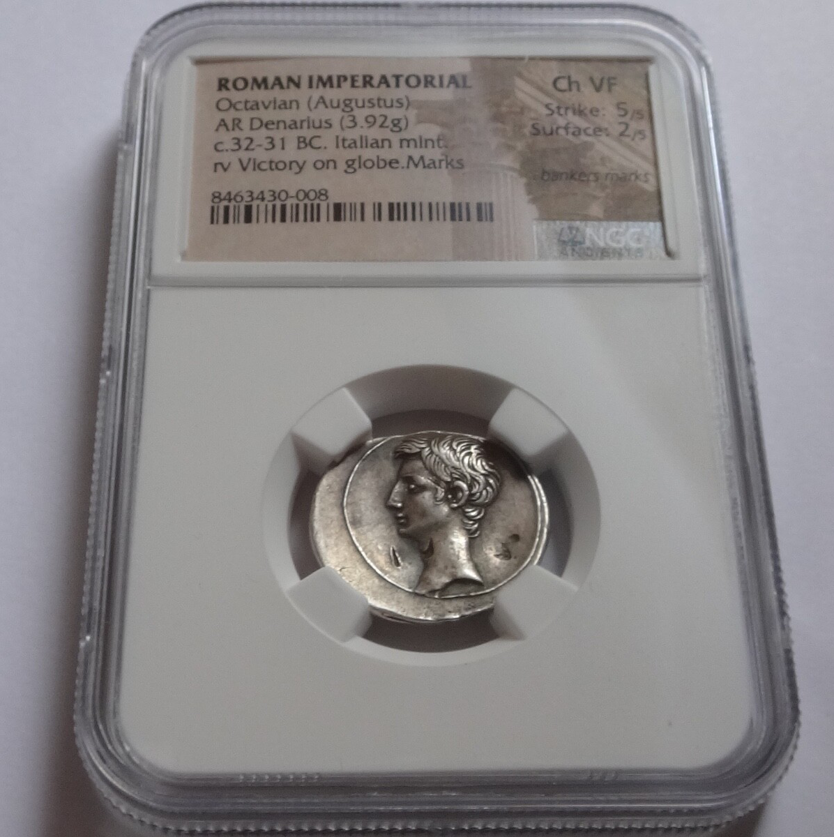 NGC Ch VF 5/5- 2/5 Octavian (Augustus) 32-31 BC. Roman Imperatorial AR Denarius