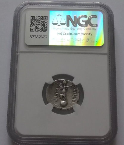 NGC  4/5- 2/5 VF  Octavian AR Denarius. Cyrene, autumn 31 BC. L. Pinarius Scarpus, moneyer.