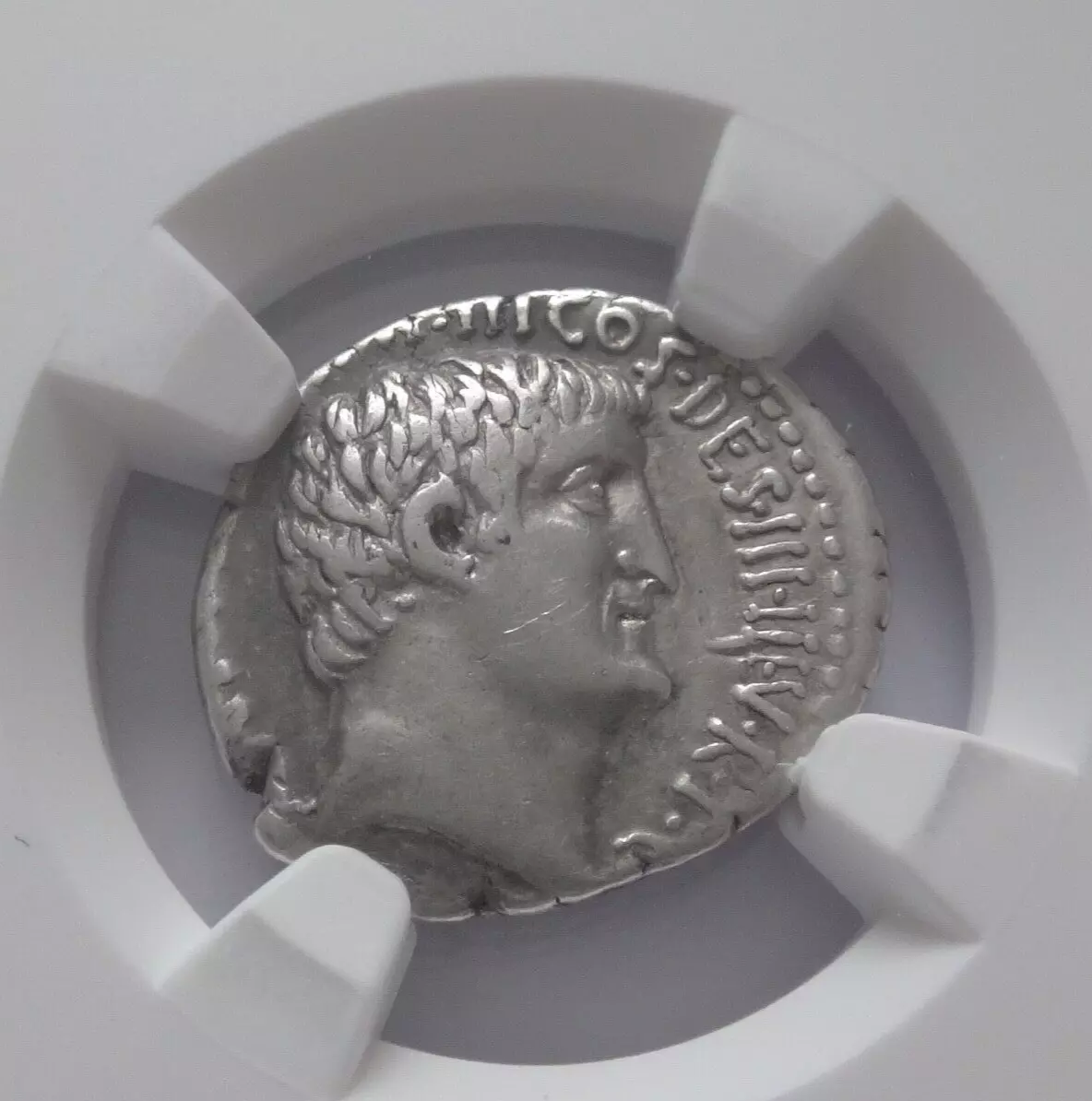 NGC VF 4/5- 3/5 Mark Antony, 44-30 BC. Denarius with M. Junius Silanus