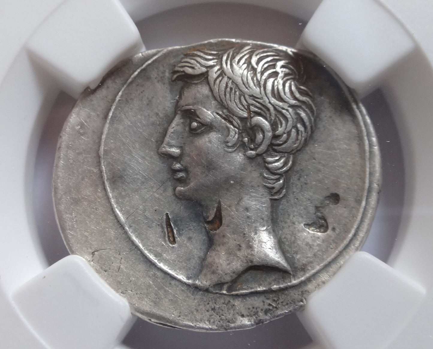 NGC Ch VF 5/5- 2/5 Octavian (Augustus) 32-31 BC. Roman Imperatorial AR Denarius