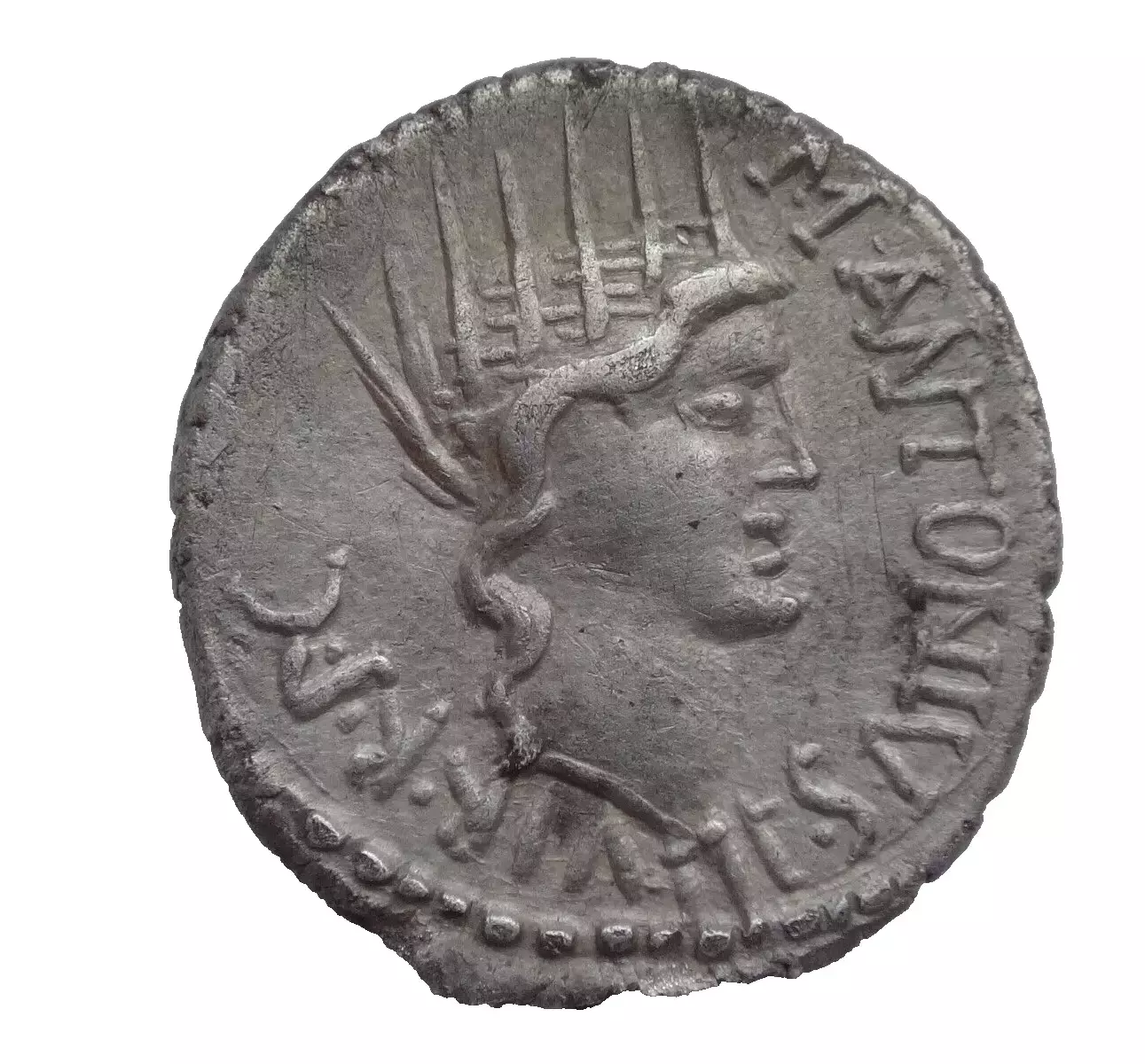 Roman Imperatorial. Amazing Denarius of Mark Antony, 44-30 BC
