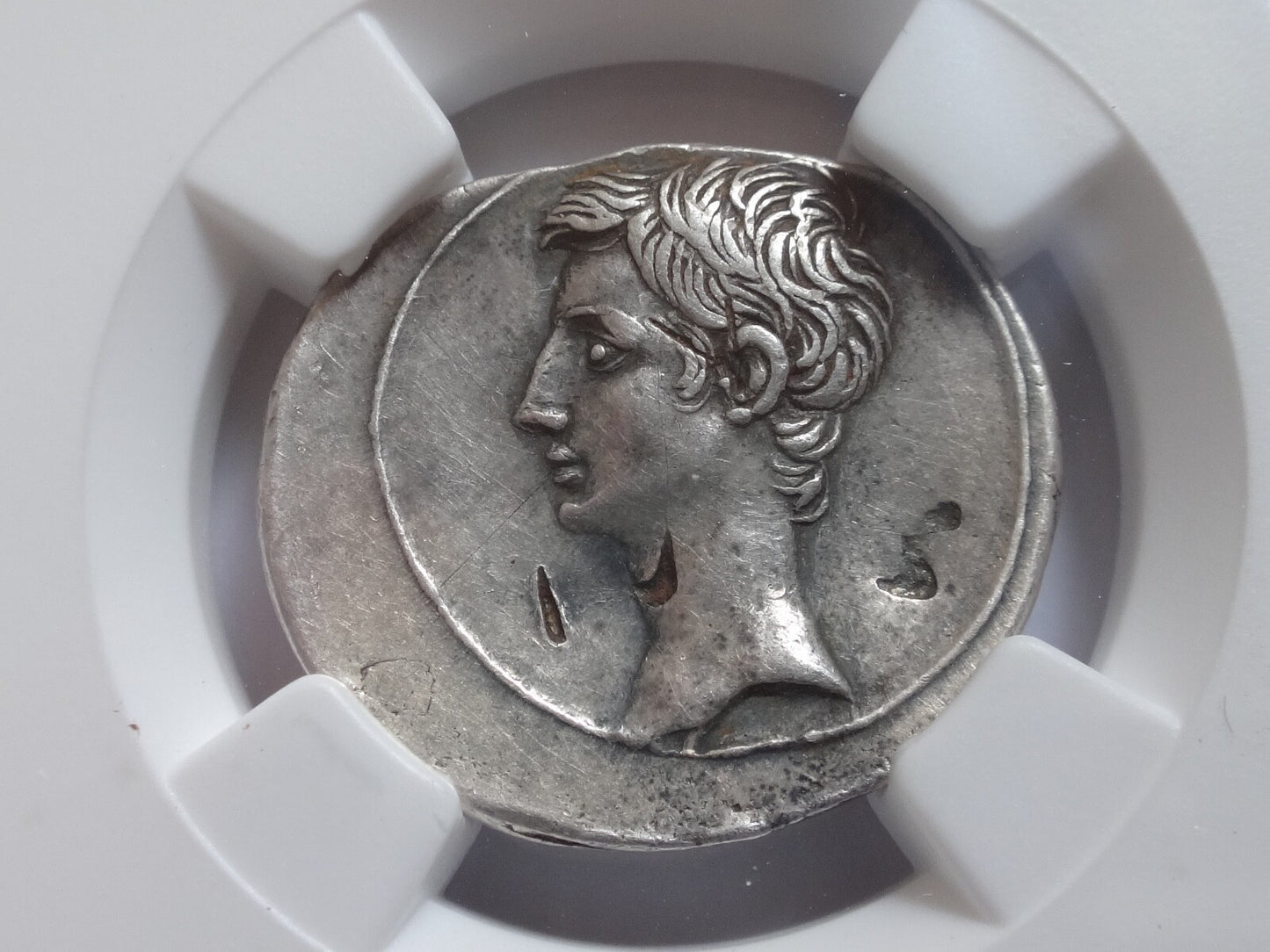 NGC Ch VF 5/5- 2/5 Octavian (Augustus) 32-31 BC. Roman Imperatorial AR Denarius