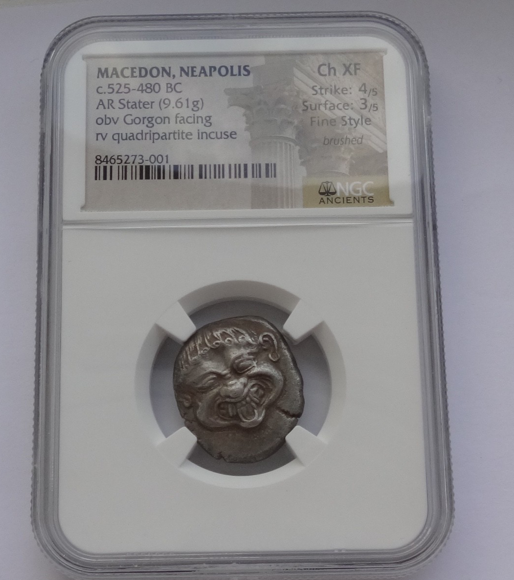 "Fine Style"NGC "Ch XF" 4/5 -3/5 MACEDON, Neapolis. Circa 525-480 BC. AR Stater